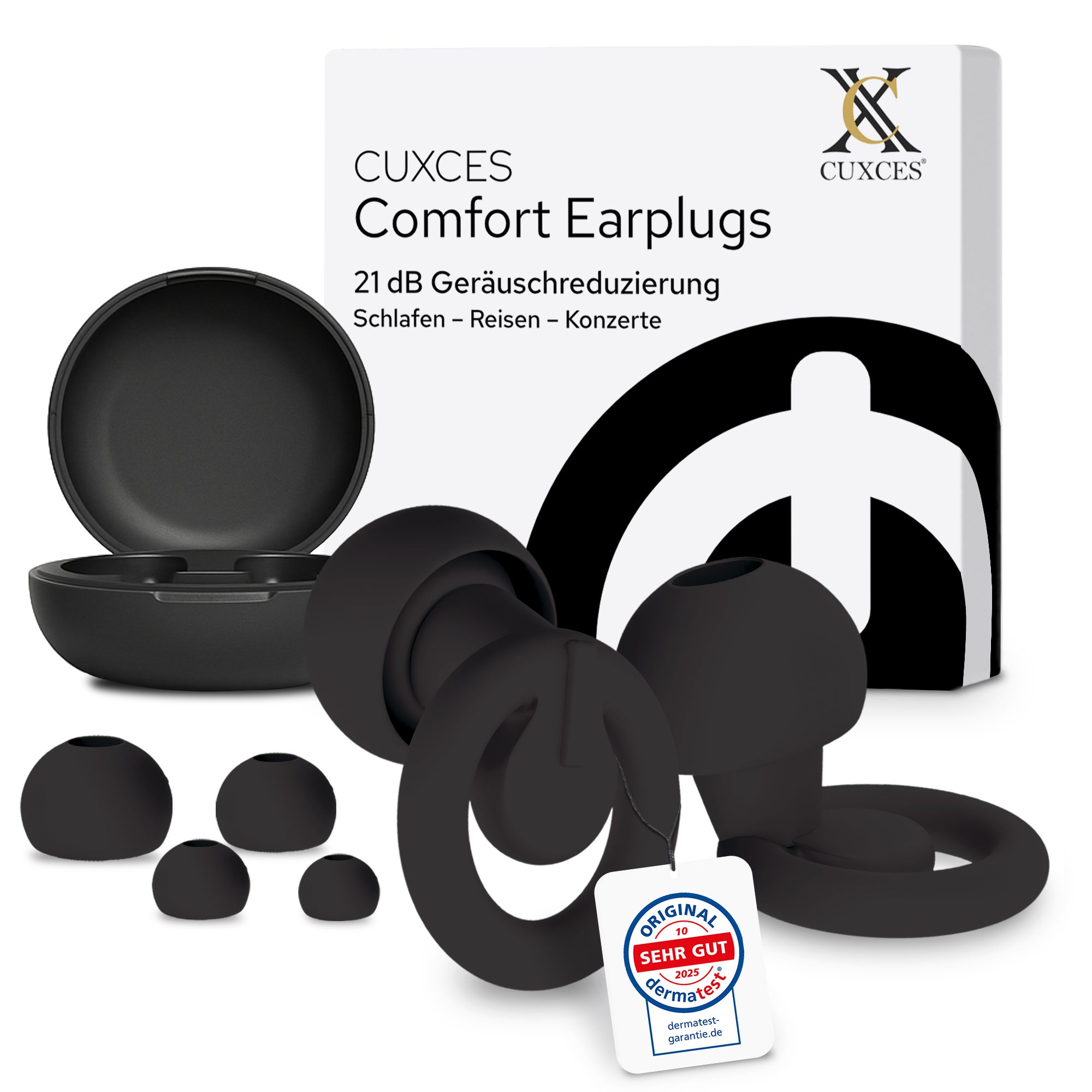 Produktverpackung mit Ohrstöpseln, Aufbewahrungsdose und Zubehör. Text: CUXCES Comfort Earplugs, 21 dB Geräuschreduzierung.