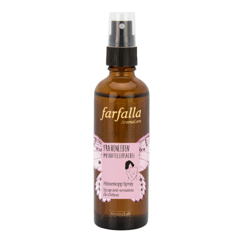 Braune Glasflasche mit Sprühkopf. Aufschrift: farfalla, Frauenleben Hitzestopp Spray. Rosa Etikett mit Illustration.