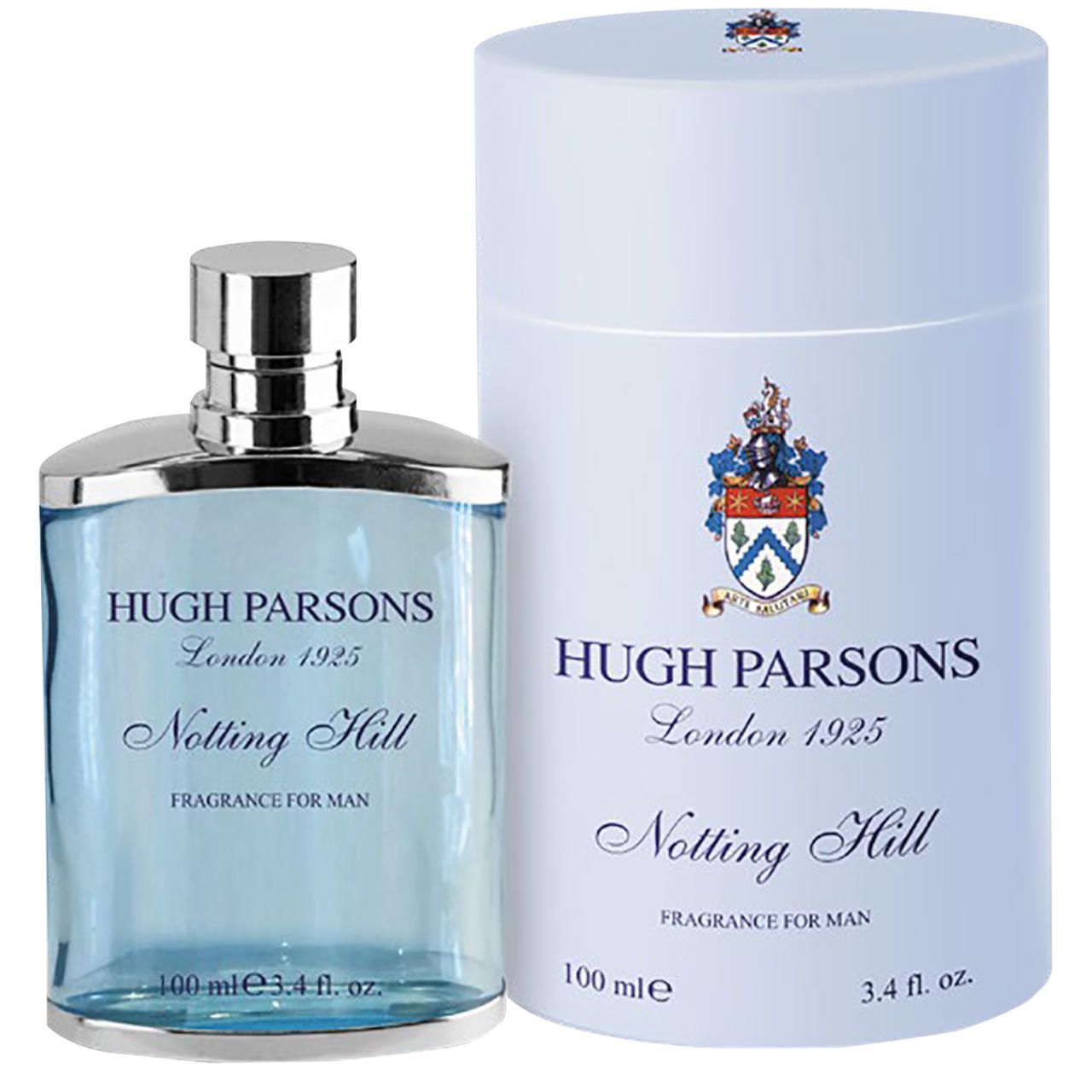 Glasflakon und zylindrische Verpackung. Flakon: Hugh Parsons London 1925, Notting Hill, Fragrance for Man. Verpackung mit Logo.