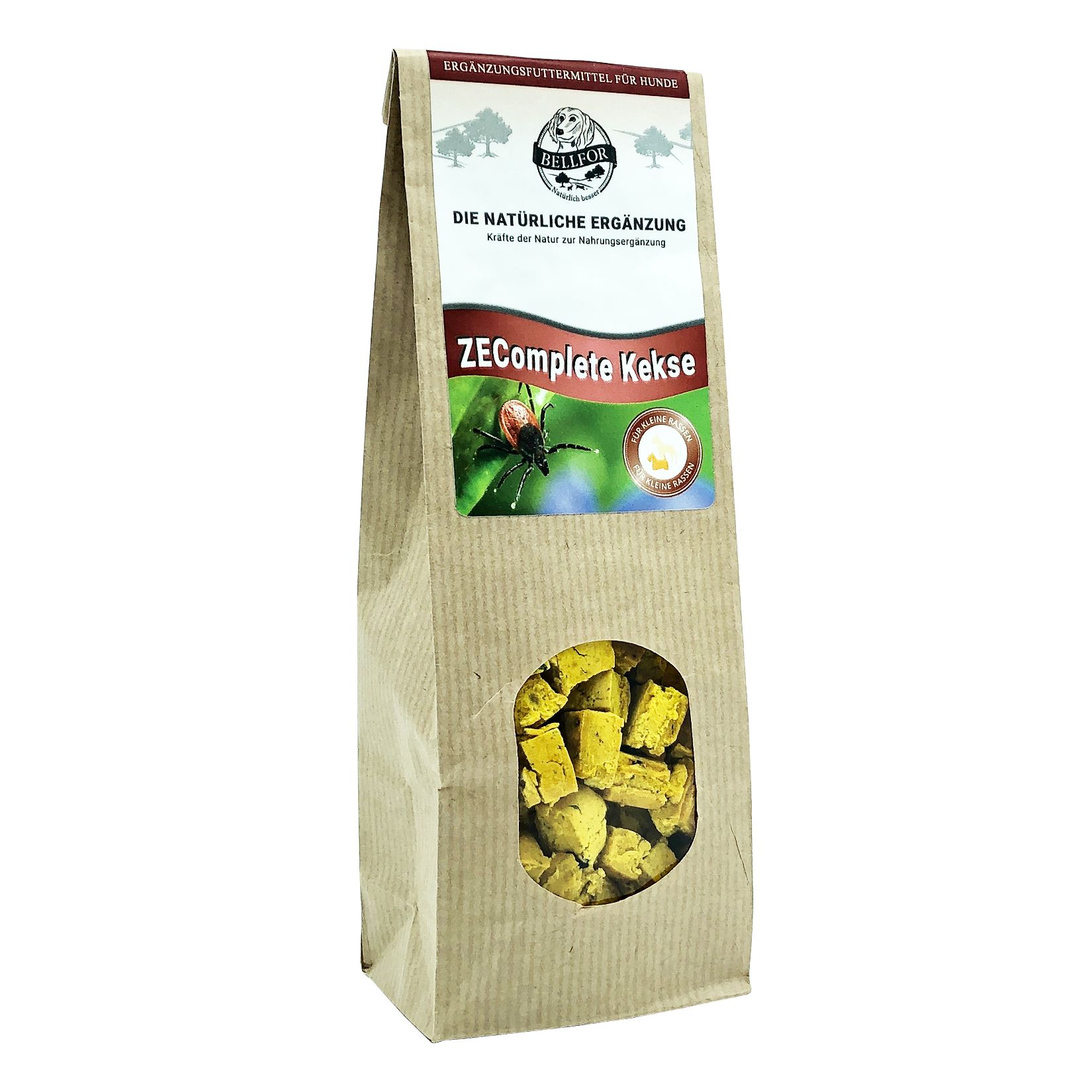 Braune Papiertüte mit Sichtfenster. Enthält gelbliche, eckige Kekse. Aufdruck: ZEComplete Kekse.