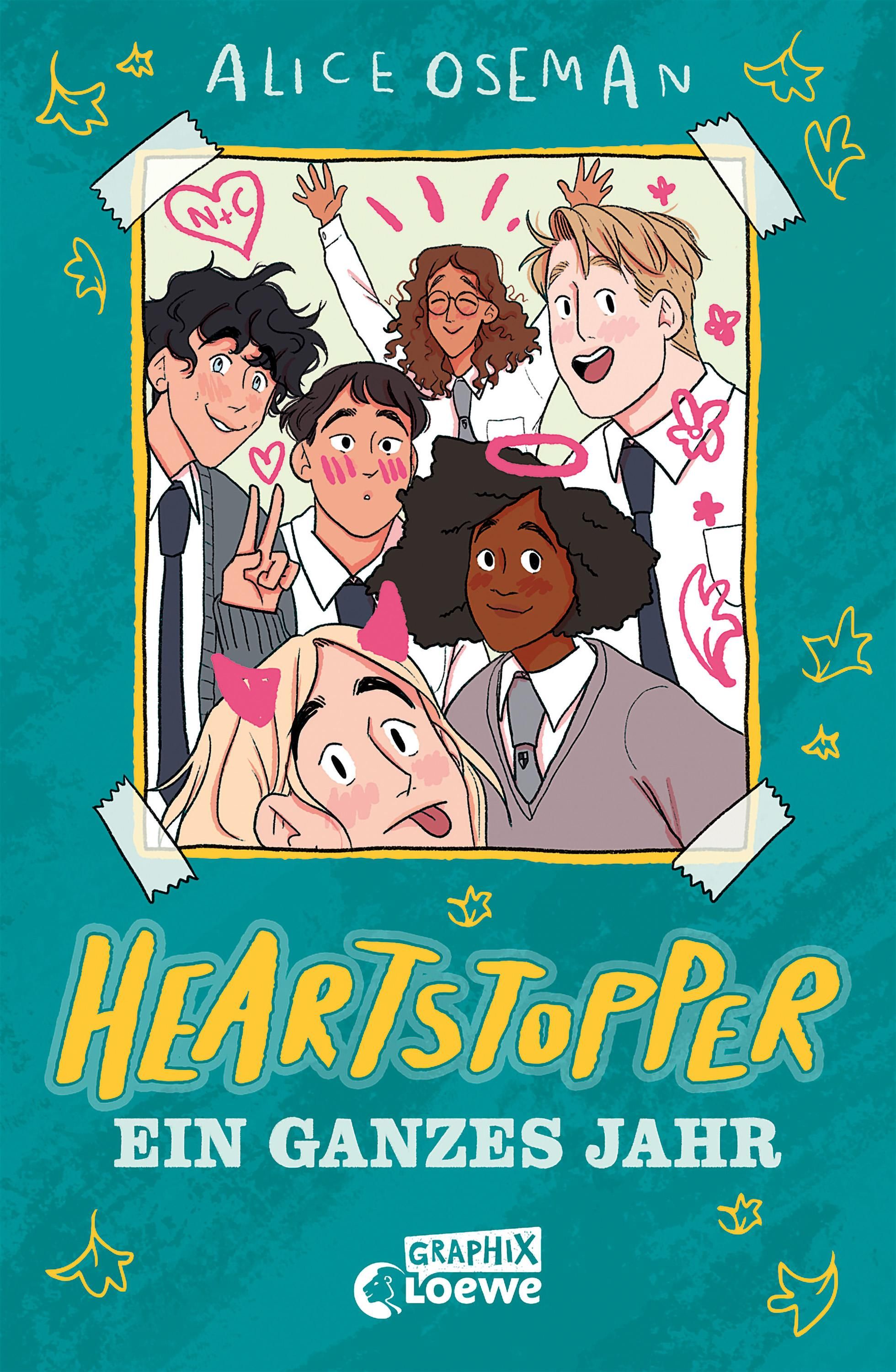 Buchcover mit Illustrationen von Comicfiguren. Titel: HEARTSTOPPER - Ein ganzes Jahr. Autor: Alice Oseman. Verlag: Graphix Loewe.