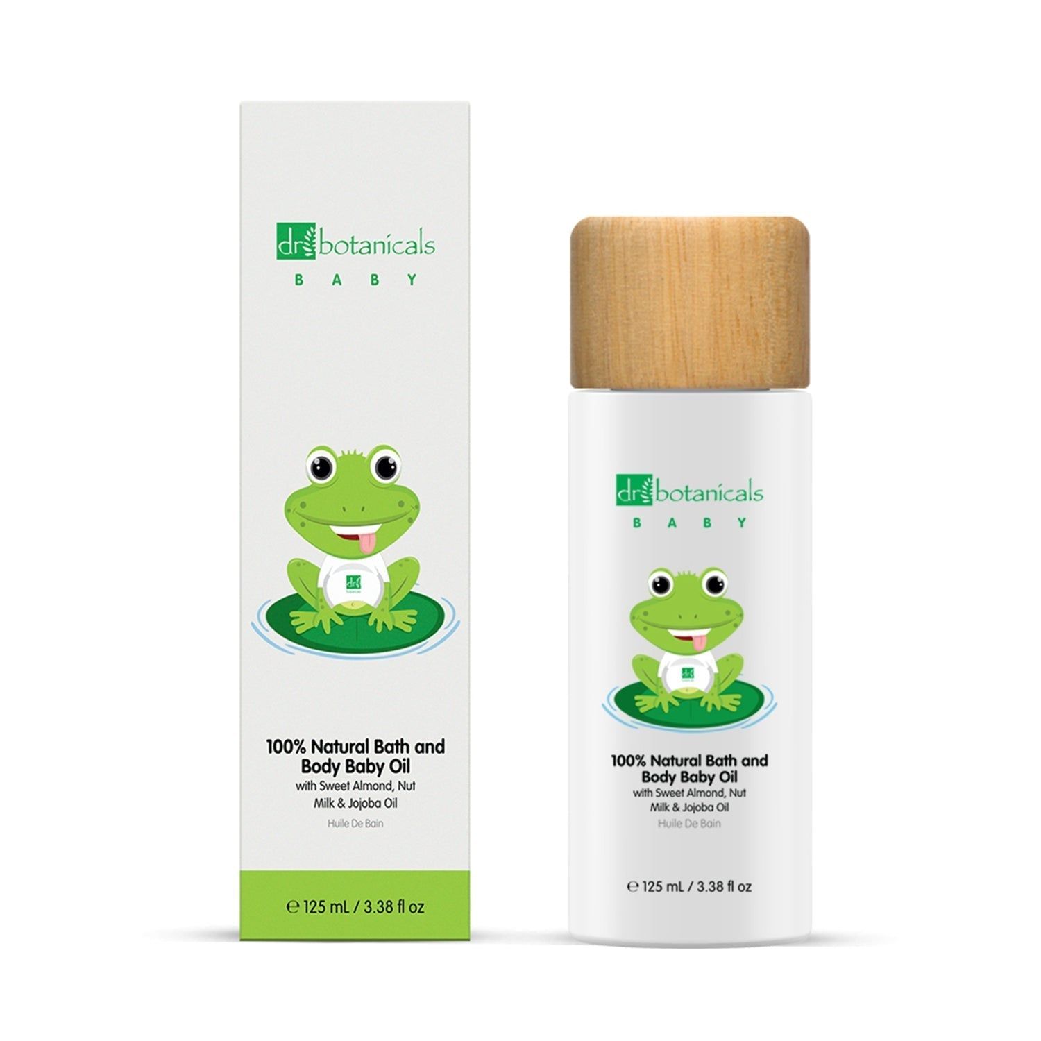 Produktflasche und Verpackung nebeneinander. Flasche mit Frosch-Illustration. Verpackung mit gleichem Design.