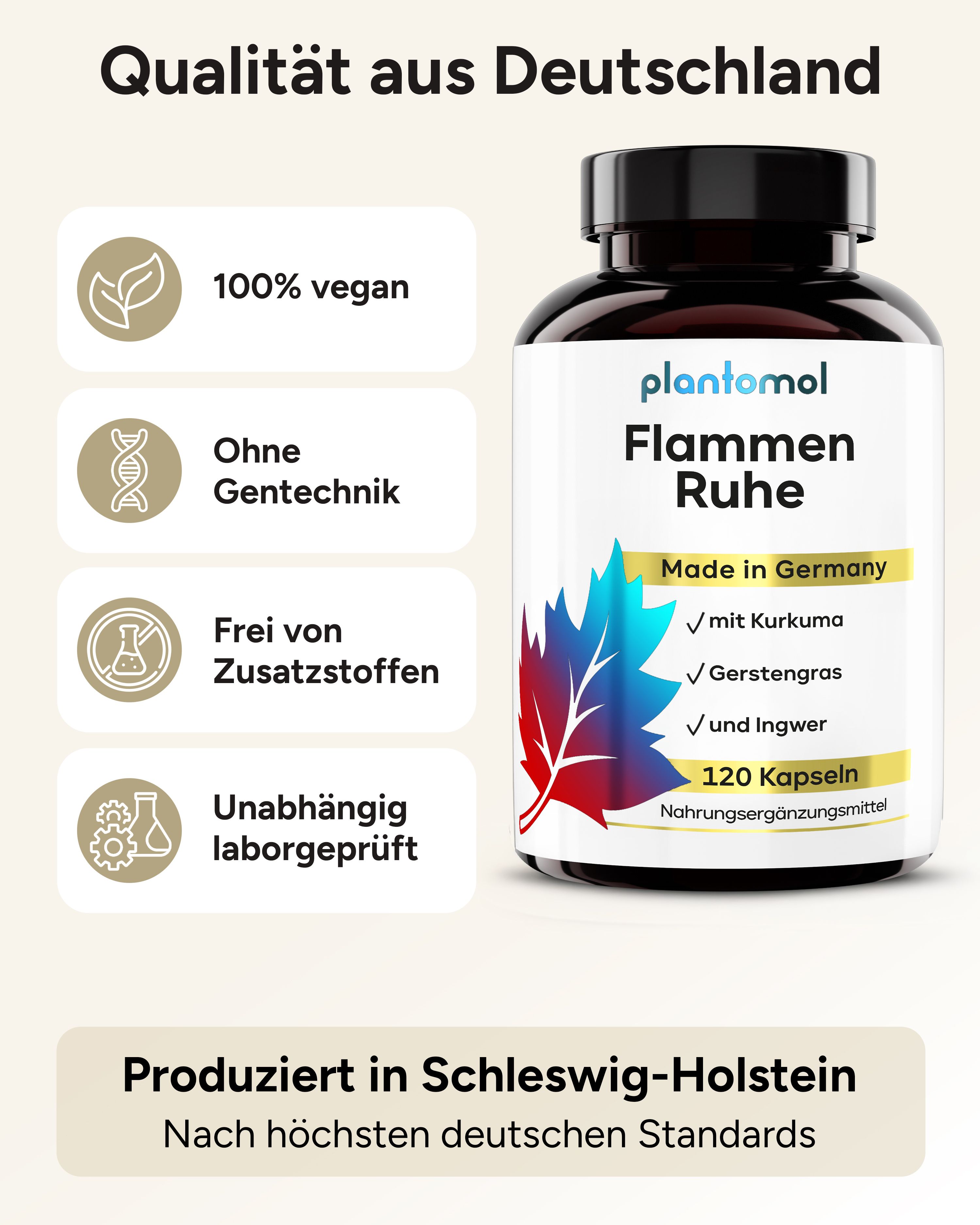 Flasche plantomol® Flammen Ruhe. 100% vegan, ohne Gentechnik, ohne Zusatzstoffe, laborgeprüft. 120 Kapseln.