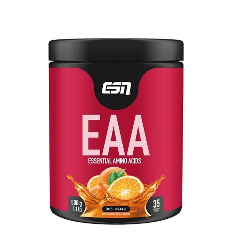 ESN EAA-Dose mit 500g, rote Verpackung, EAA-Schriftzug, Orangen-Abbildung, Geschmacksrichtung Fresh Orange.