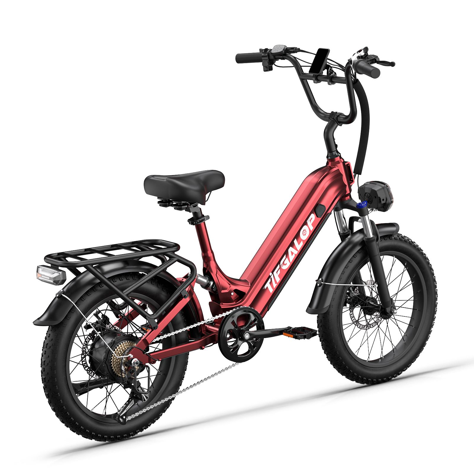 Rotes E-Bike mit schwarzen Elementen. Breitreifen, Gepäckträger, Scheinwerfer und Lenker. Marke TIFGALOP.
