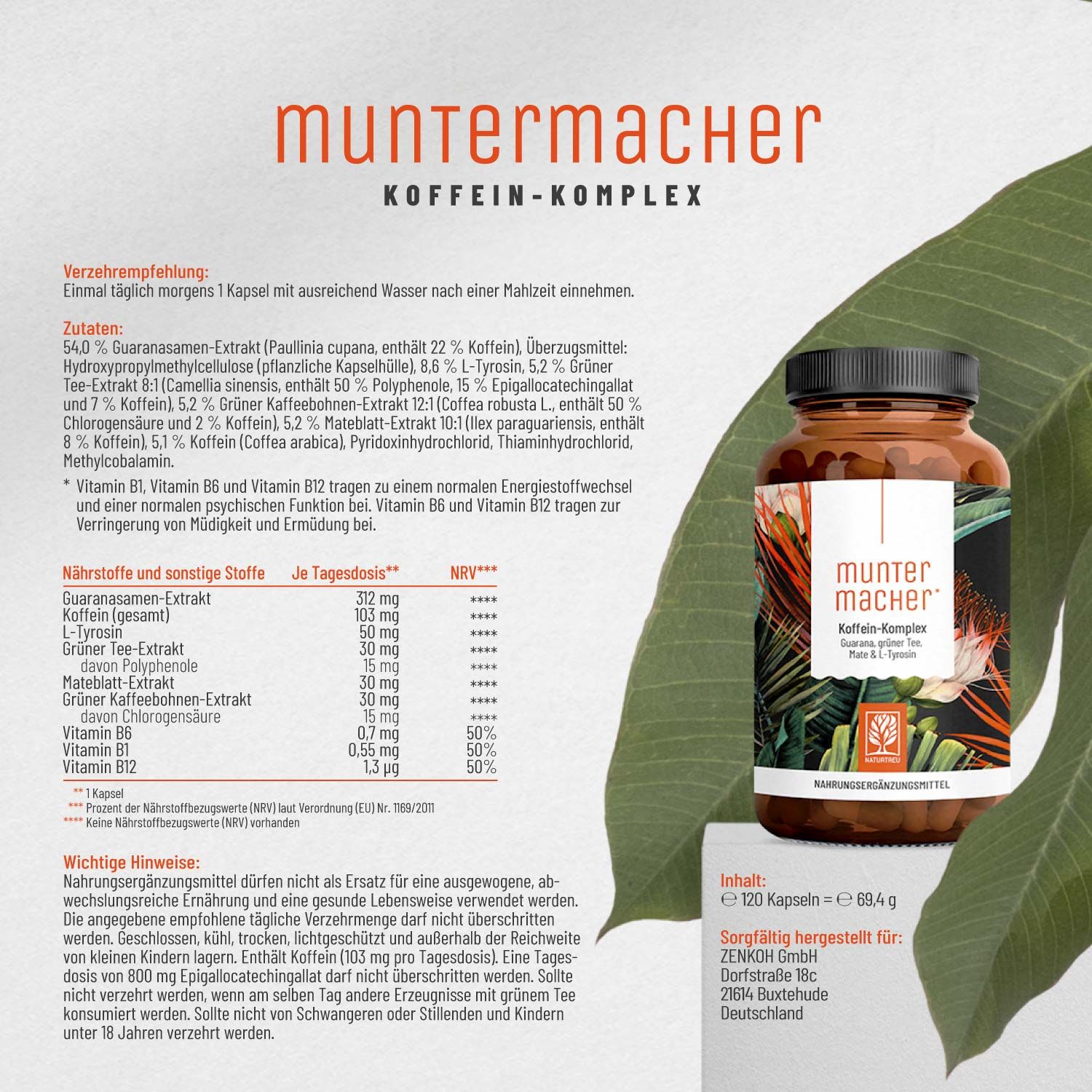 Koffein-Komplex mit Guarana, Mate, Grüner Tee, Grüner Kaffee & L-Tyrosin- Muntermacher - NATURTREU®