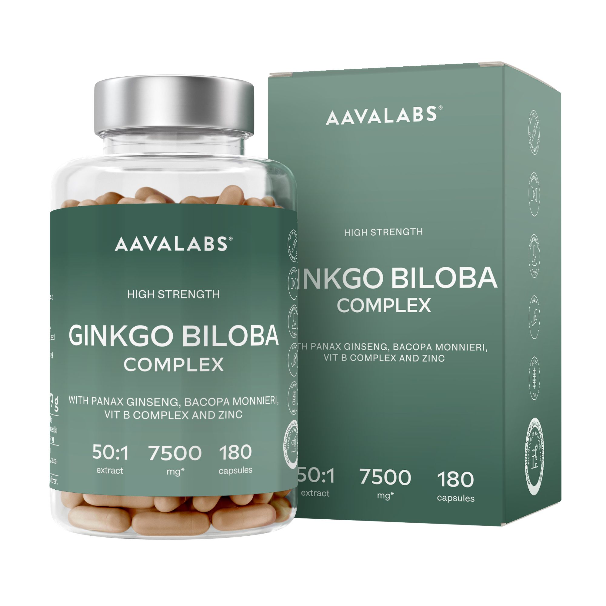 Aavalabs Ginkgo Biloba Complex Kapseln. Flasche und Schachtel. 180 Kapseln. Mit Ginkgo, Panax Ginseng, Bacopa Monnieri, Vitamin B und Zink.