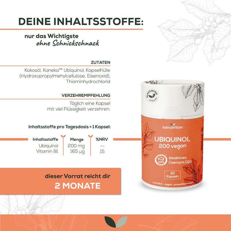 Werbebild mit Produkt und Inhaltsstoffen. Aufschrift: Ubiquinol 200 vegan, 60 Kapseln. Zutatenliste und Dosierung.