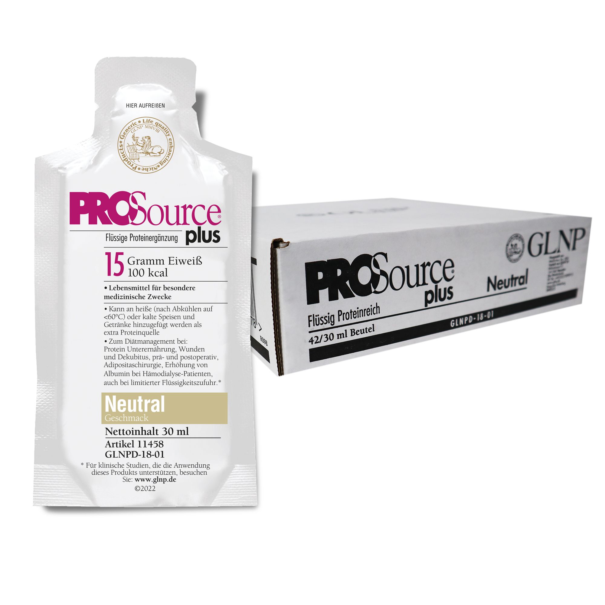 PROSource Plus Neutral Beutel. Einzelpackung und Karton mit Aufdruck. Text: Flüssig, 15g Eiweiß, 100 kcal, Neutral. GLNP.