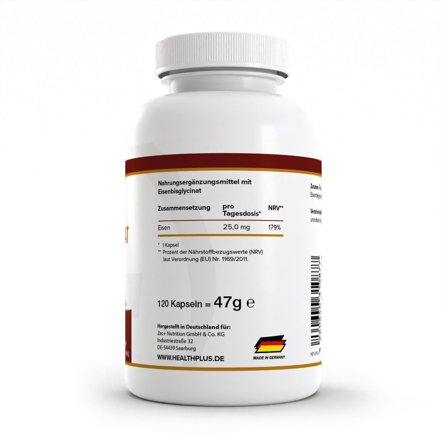Rückseite einer weißen Flasche. Aufschrift: Nahrungsergänzungsmittel mit Eisenbisglycinat. 120 Kapseln. 47g. Hergestellt in Deutschland.