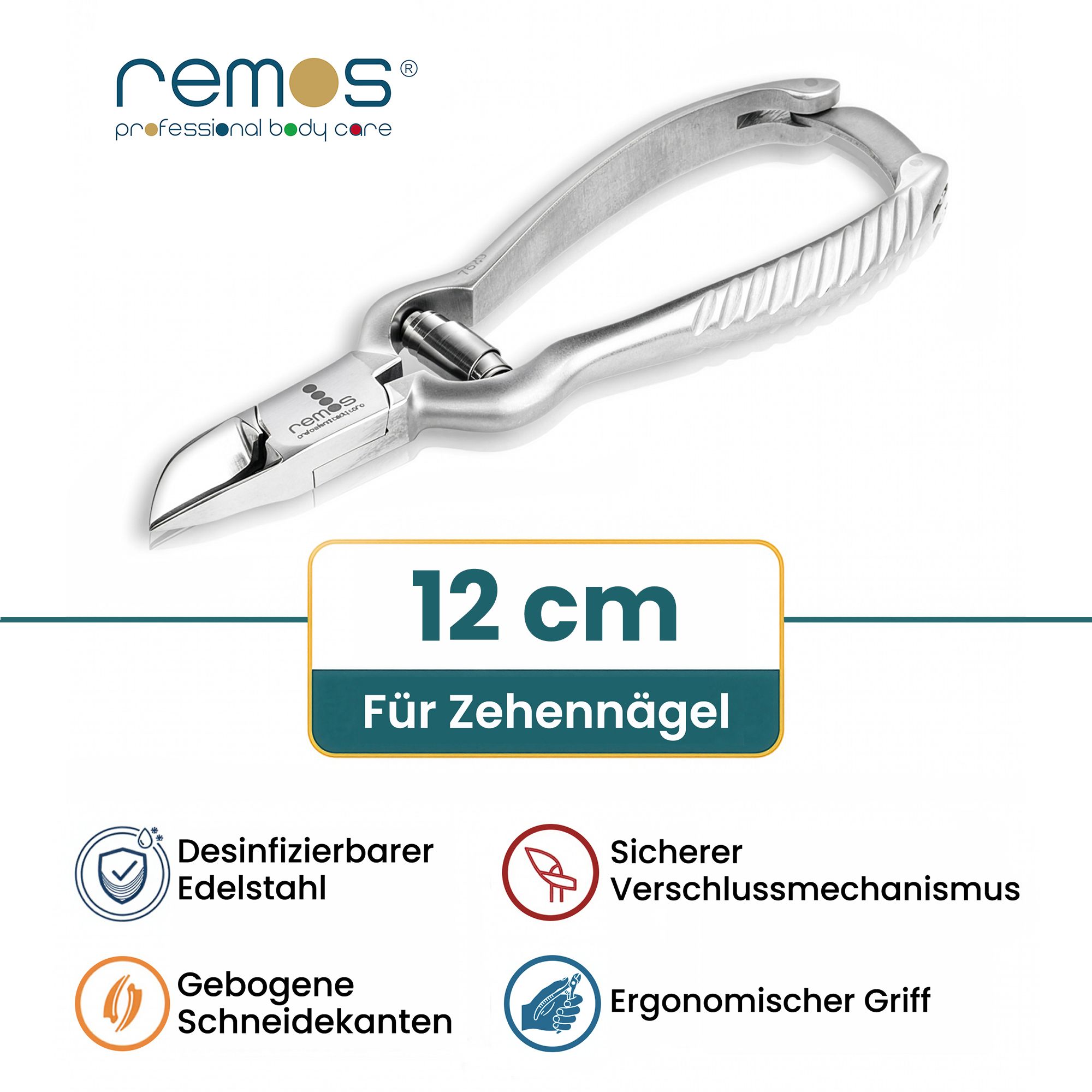 12 cm Edelstahl-Nagelzange für Fußnägel mit Verriegelung und geriffelten Griffen.