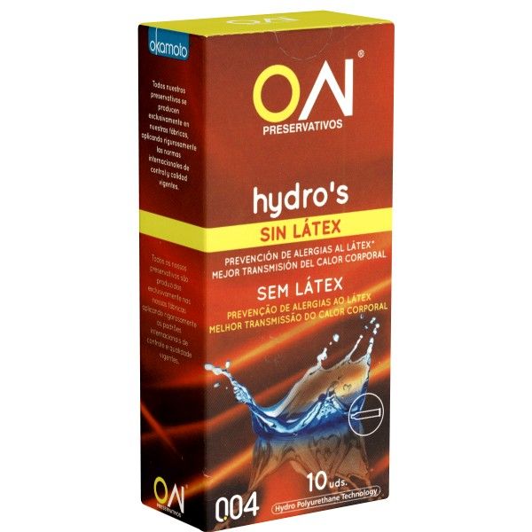 Verpackung von Okamoto ON® Hydros 004 Kondomen. Braune Schachtel mit gelben Akzenten. Aufdrucke: ON, hydro's, SIN LÁTEX, 10 uds.