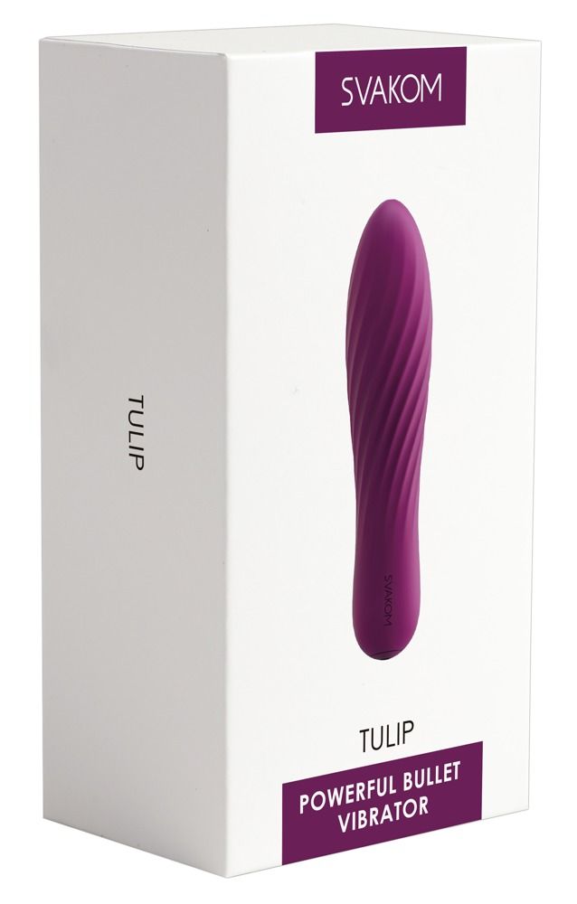 Verpackung mit lila Vibrator. Aufschrift: SVAKOM, TULIP, Powerful Bullet Vibrator.