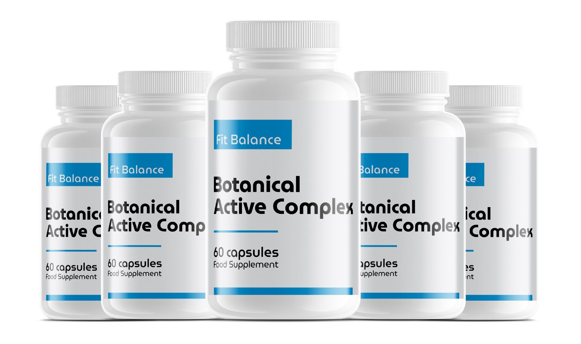 Fünf weiße Flaschen mit blauem Etikett. Aufschrift: Fit Balance, Botanical Active Complex, 60 Kapseln. Nahrungsergänzungsmittel.