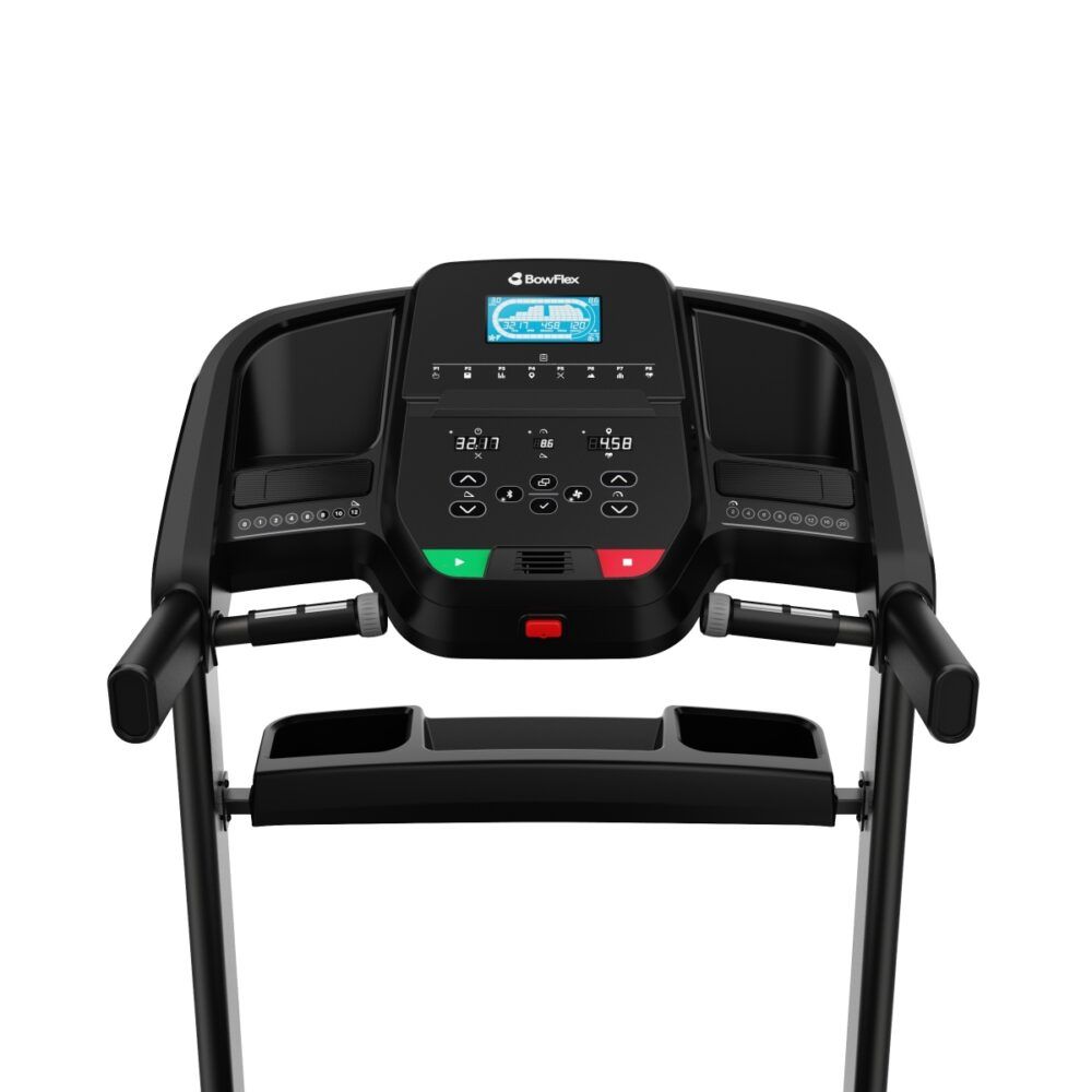 Schwarze Laufbandkonsole mit Display und Bedienelementen. BowFlex-Logo oben.