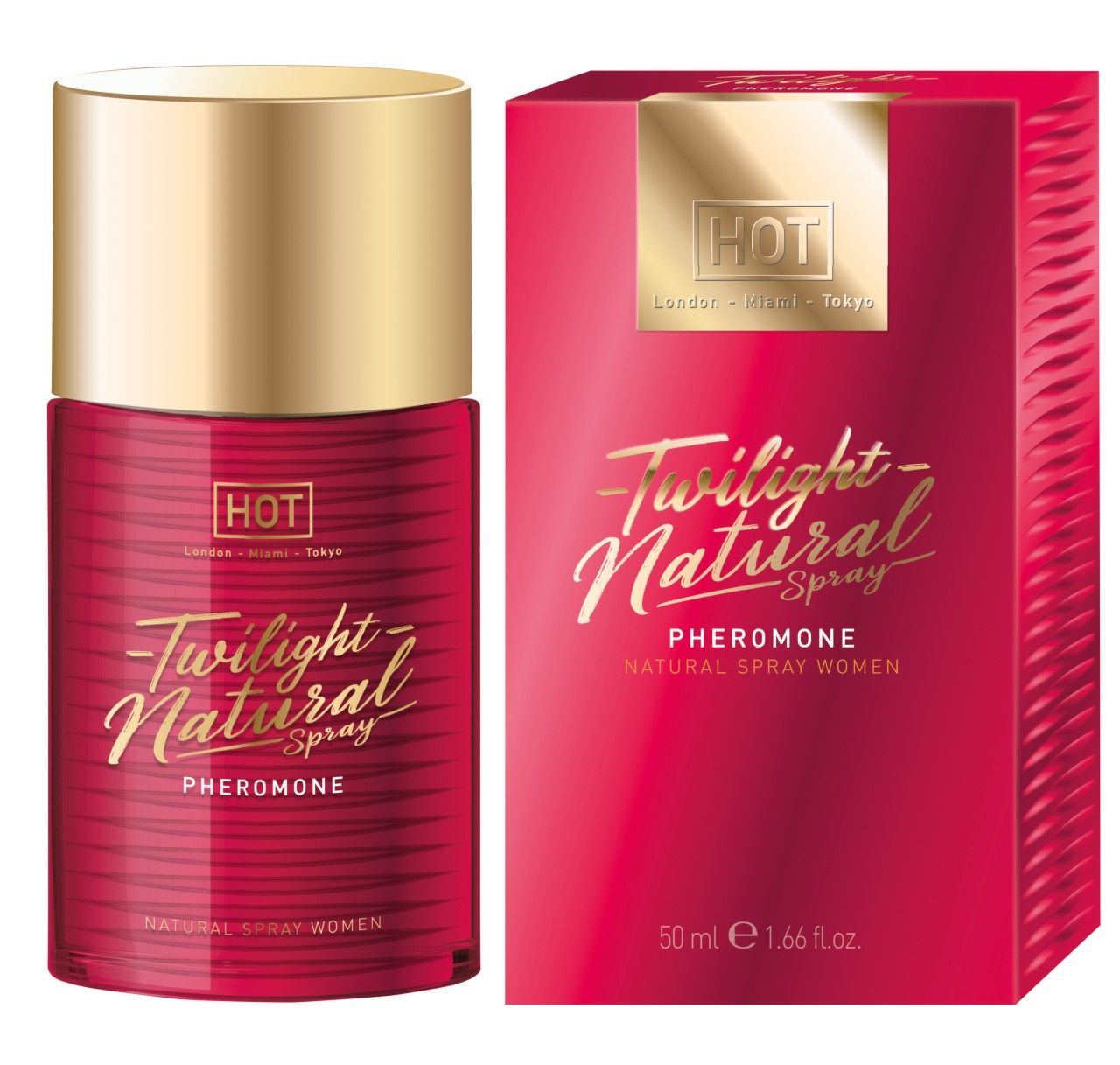 Flasche und Verpackung. Aufschrift: Twilight Natural Spray Pheromone. Marke: HOT. Volumen: 50 ml.