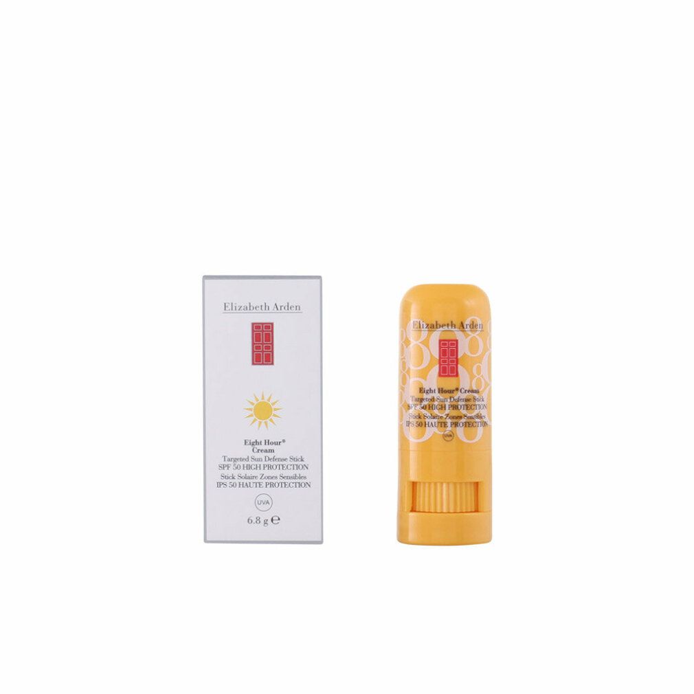 Sonnencreme-Stick und Verpackung von Elizabeth Arden. Text: Eight Hour Cream Targeted Sun Defense Stick SPF 50. 6,8g.