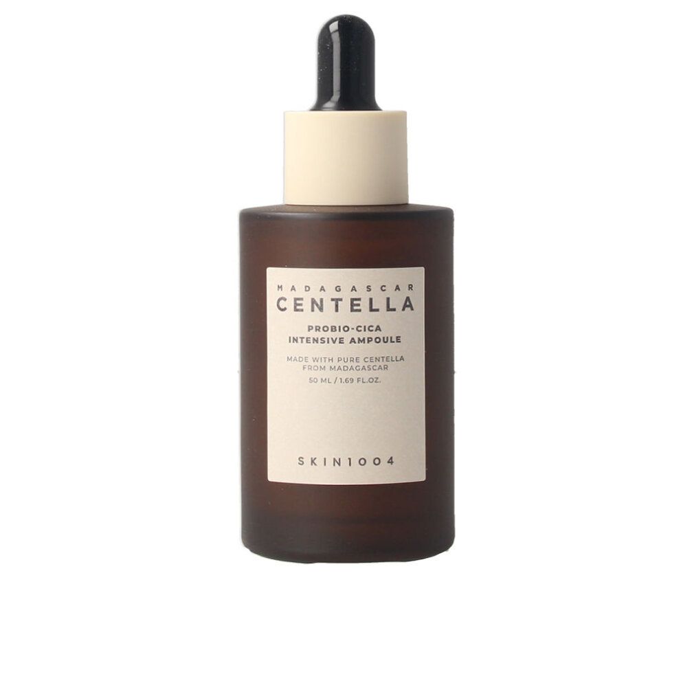 Braune Glasflasche mit Pipettenverschluss und Etikett: Madagascar Centella Probio-Cica Intensive Ampoule.