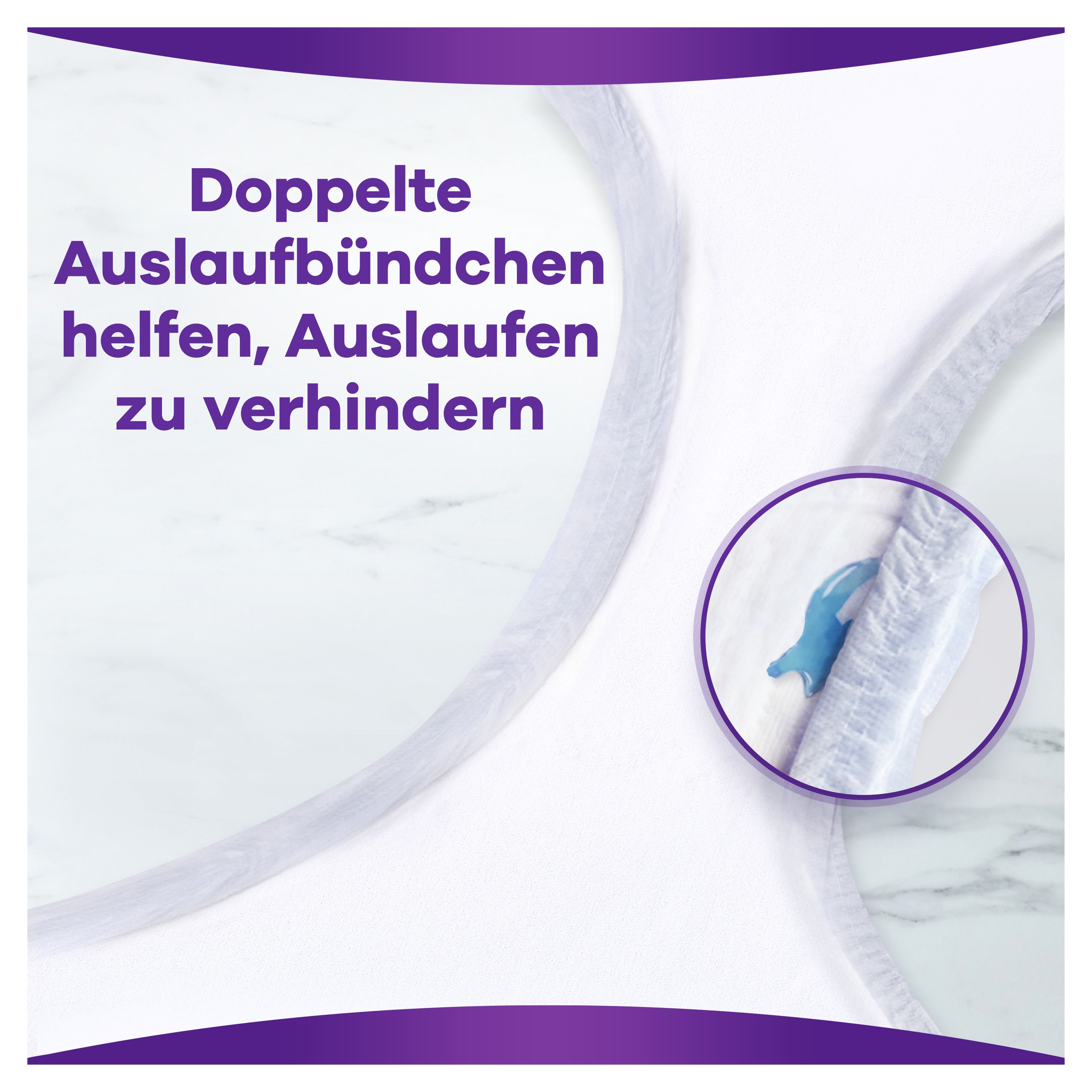 Nahaufnahme eines weißen Inkontinenz-Höschens. Doppelte Auslaufbündchen. Blaue Flüssigkeit wird von der Oberfläche absorbiert.