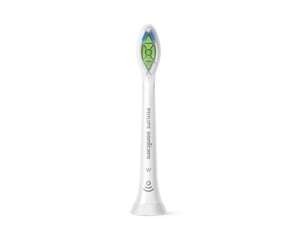Ein weißer Philips Sonicare-Bürstenkopf. Grüne und blaue Borsten. Aufschrift "Philips Sonicare".