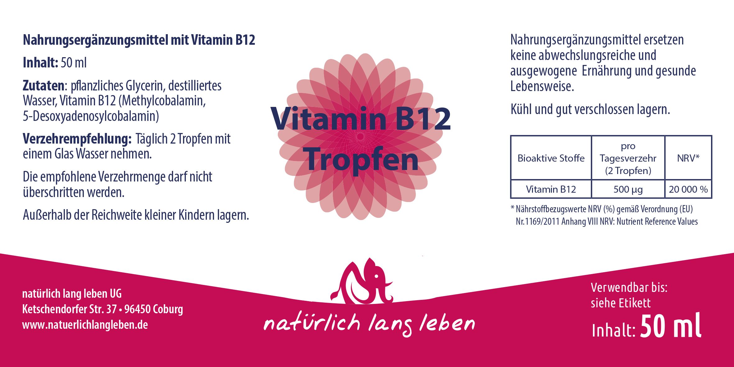 Etikett mit Text: "Vitamin B12 Tropfen", Inhaltsangaben, Nährwerttabelle und Logo. Rosa Hintergrund.