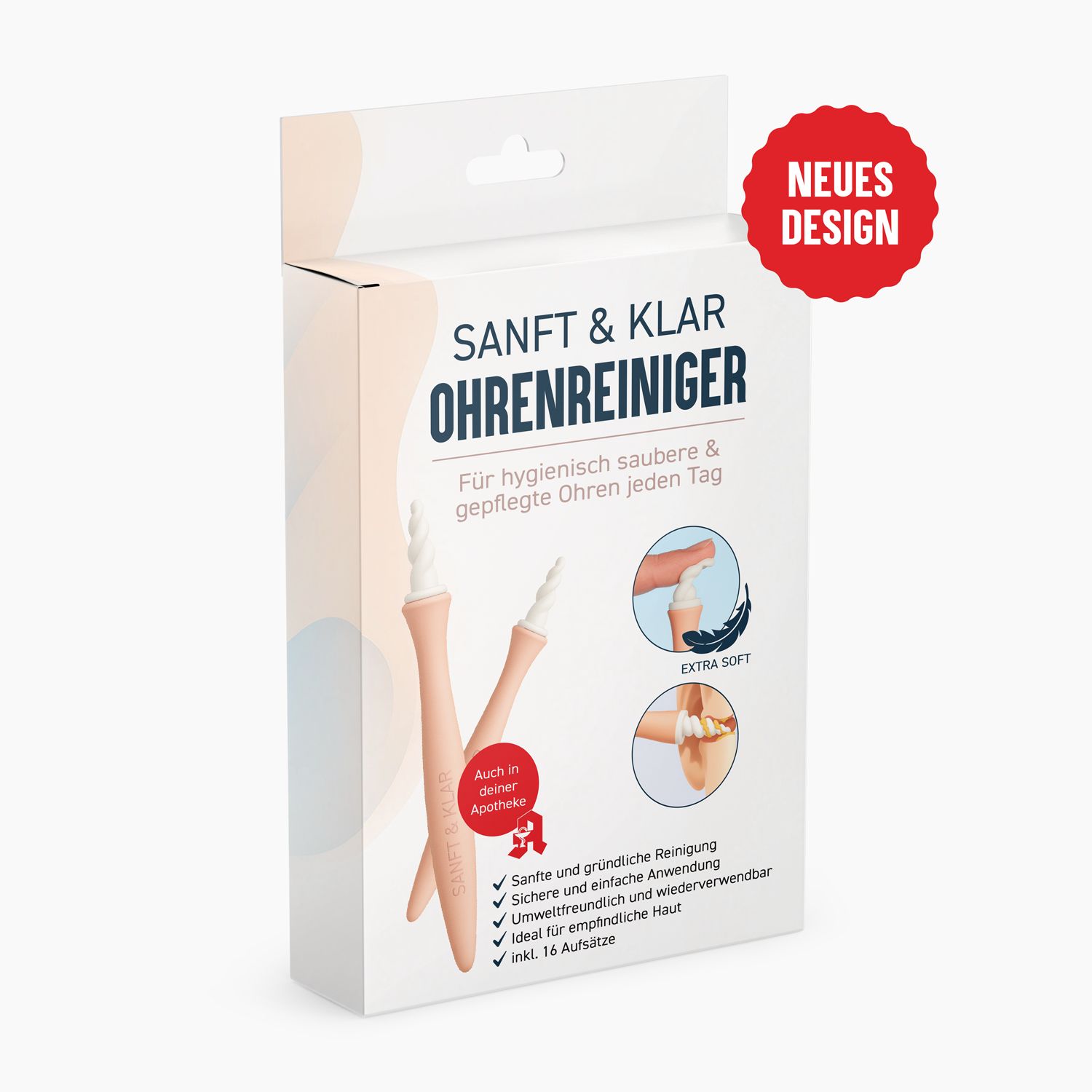 Produktverpackung mit Text: SANFT & KLAR Ohrenreiniger. Rosa Reinigungsstäbchen. Roter Aufkleber: NEUES DESIGN. 16 Aufsätze.