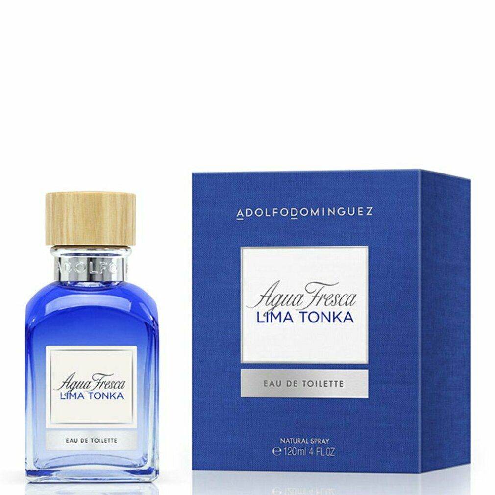 Blaues Parfümflakon mit Holzdeckel und blauer Verpackung. Aufschrift: Agua Fresca Lima Tonka Eau de Toilette.