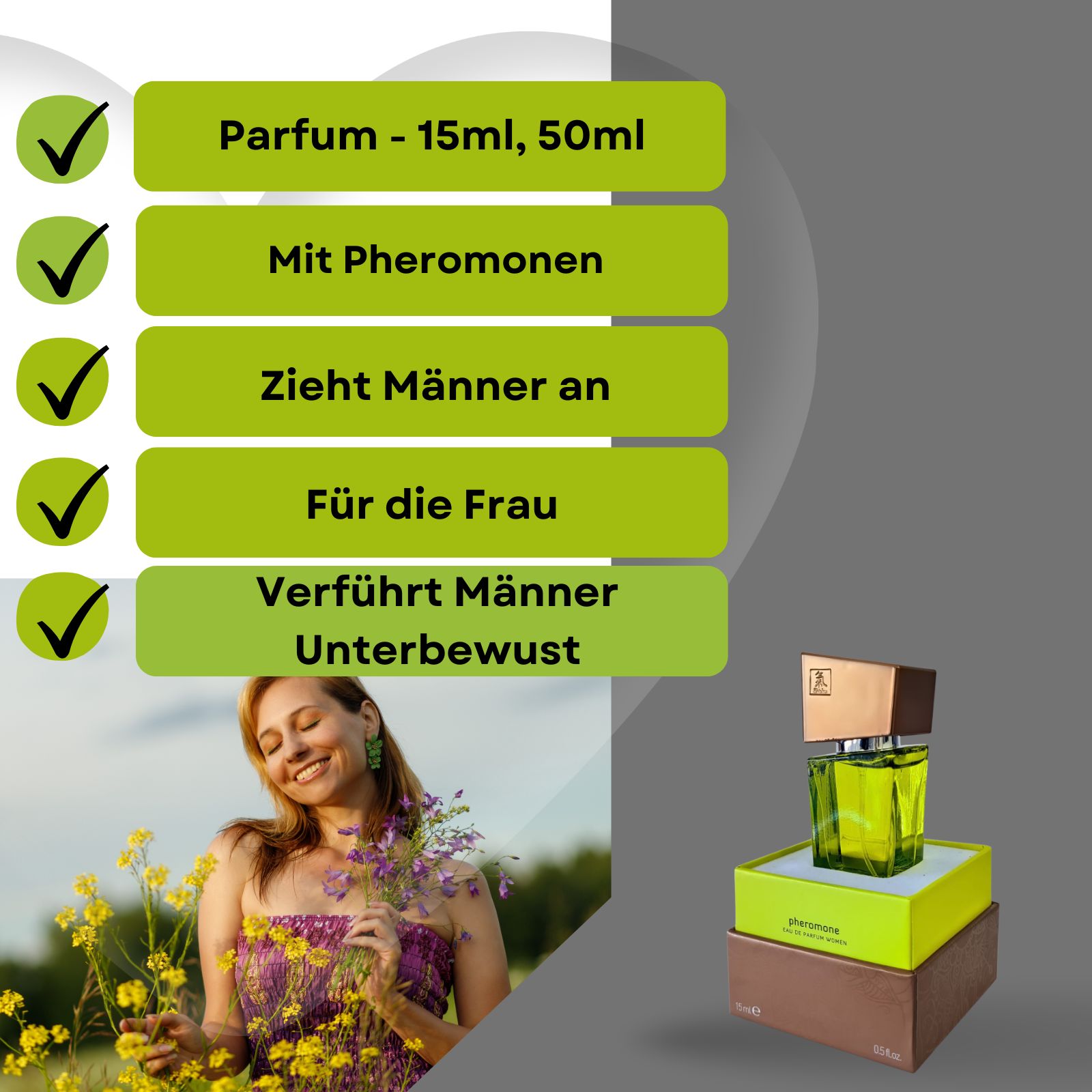 Frau mit Blumen, Flakon und Verpackung. Text: Parfum, mit Pheromonen, zieht Männer an, für die Frau.