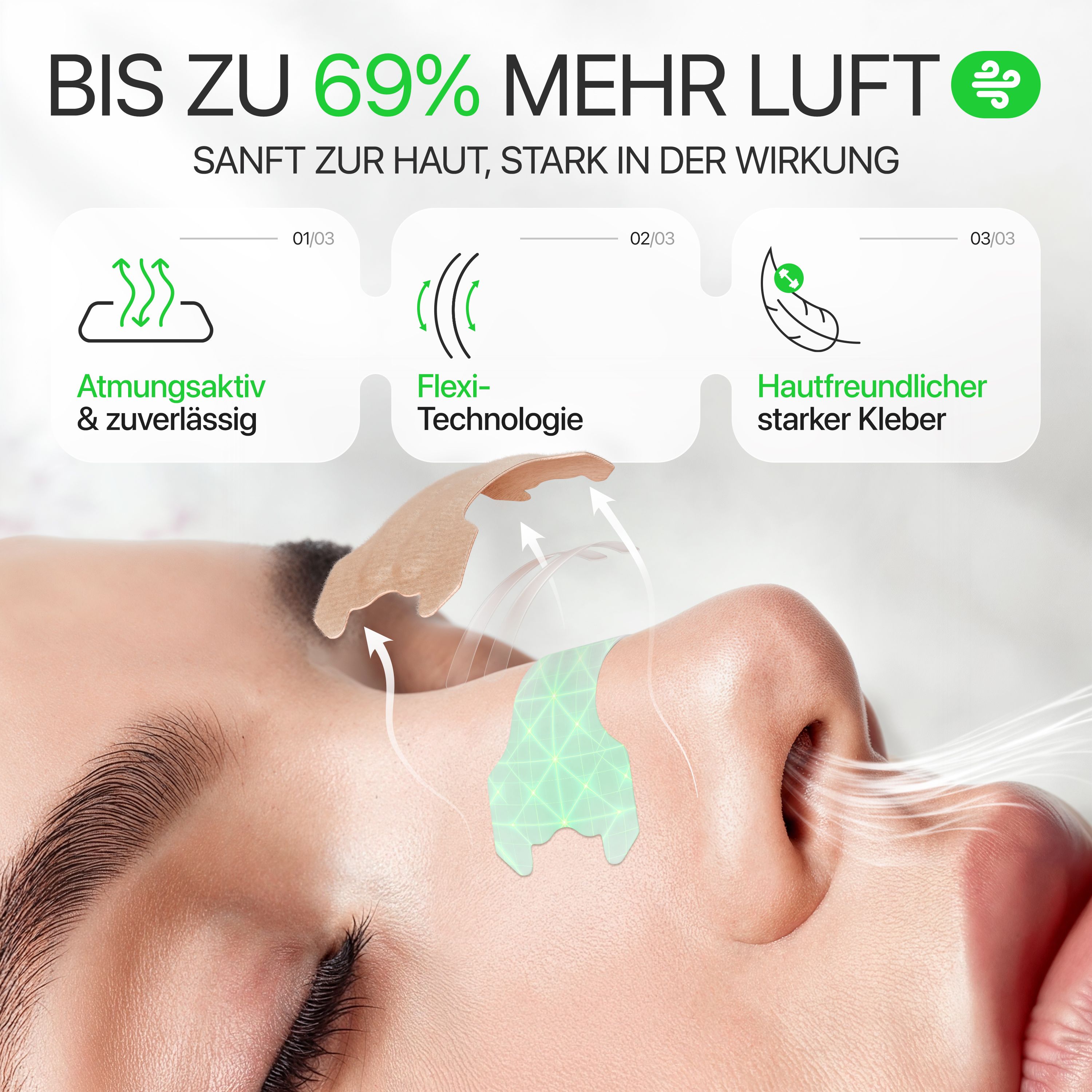 Nahaufnahme eines Gesichts mit Nasenpflaster. Text: Bis zu 69% mehr Luft. Atmungsaktiv, Flexi-Technologie, hautfreundlich.