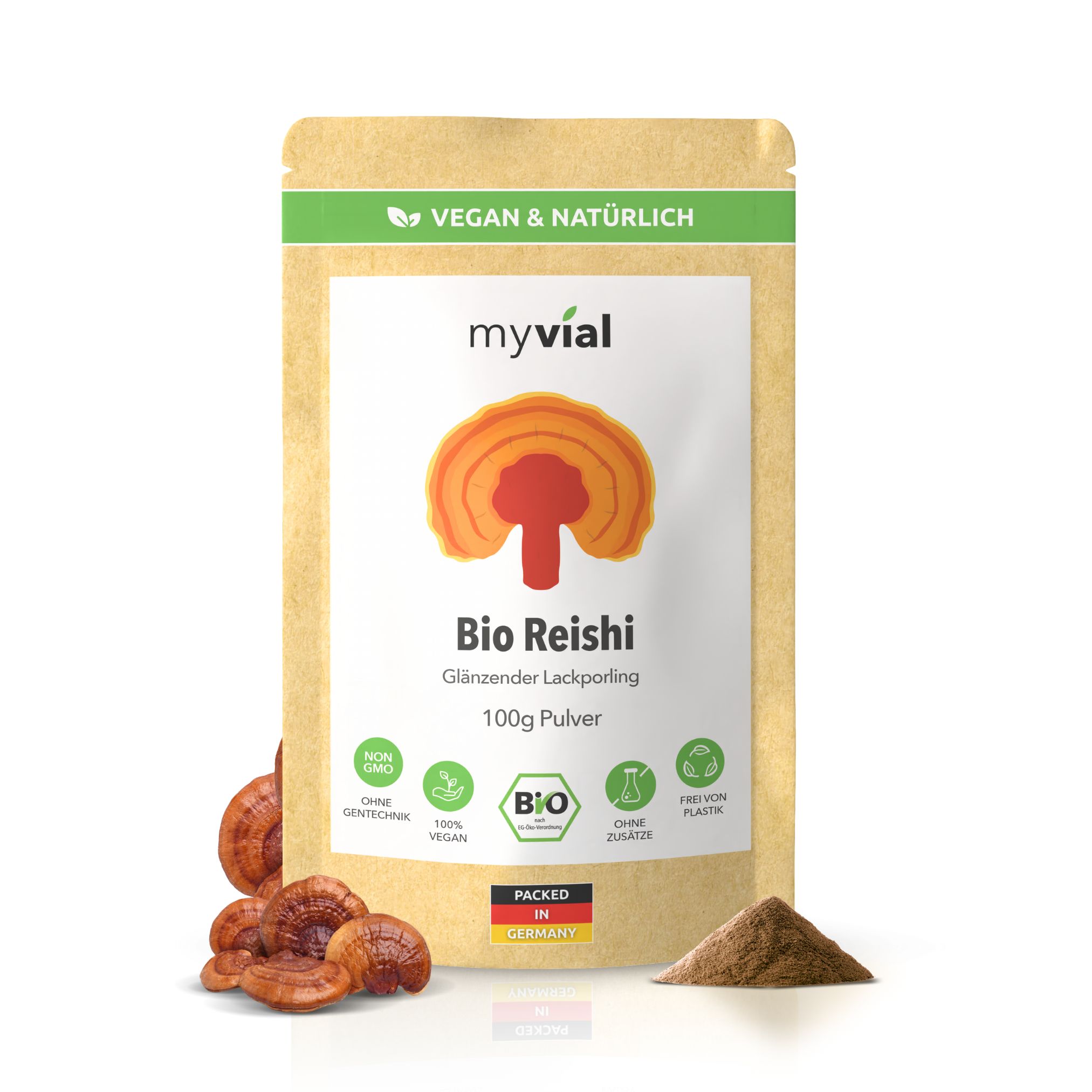 myvial® Bio Reishi Pulver - 100 g aus ganzem Fruchtkörper vegan & ohne Zusatzstoffe