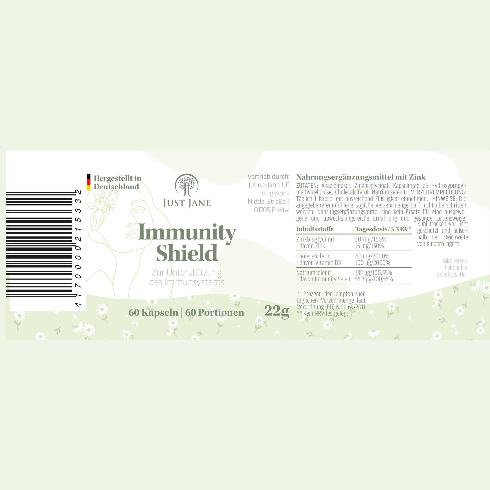 Etikett mit Produktinformationen. Text: Just Jane Immunity Shield. Nahrungsergänzungsmittel mit Zink. 60 Kapseln, 22g.
