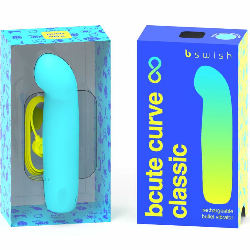 Türkisfarbener Vibrator in geöffneter Verpackung. Gelbes Ladekabel sichtbar. Blaue Verpackung mit Produktname und Marke.