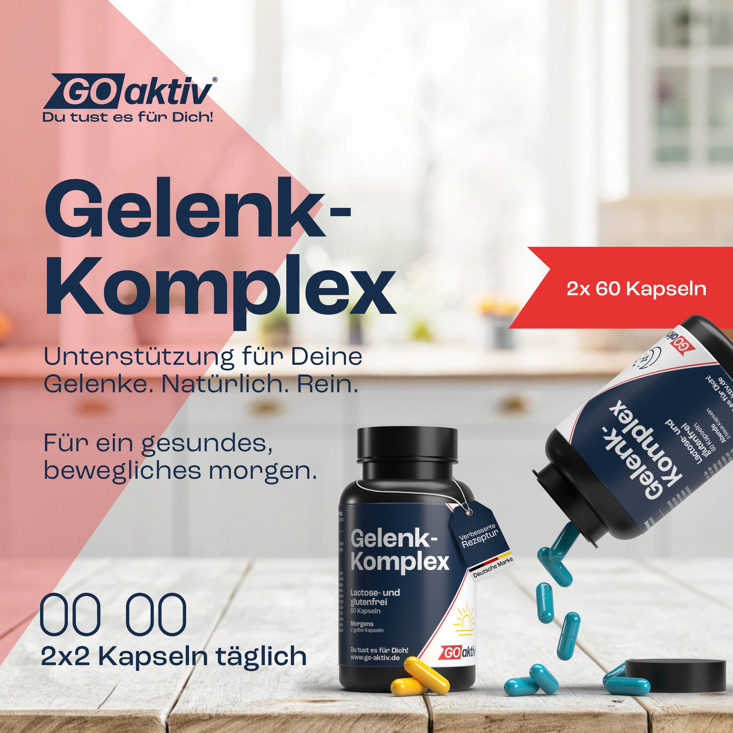GOaktiv® Gelenk-Komplex Flasche und Kapseln. Schwarze Flasche mit Produktinformationen. 2x 60 Kapseln. Lactose- und glutenfrei.