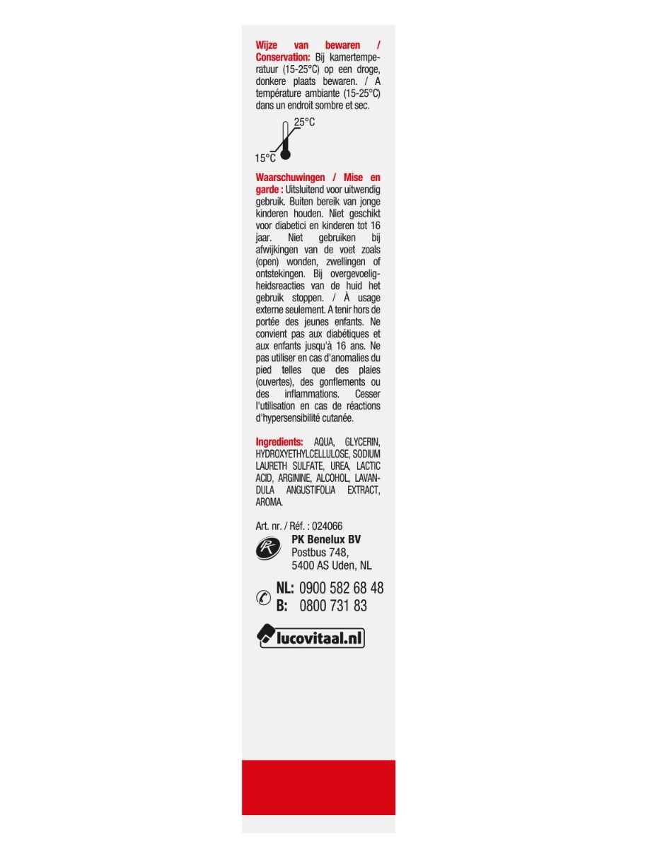 Vue latérale de l'emballage des chaussettes exfoliantes Lucovitaal. Informations de stockage et ingrédients.