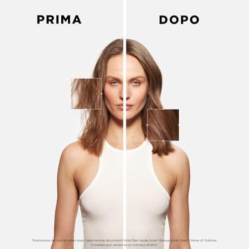 Vorher-Nachher-Vergleich. Frau mit Haaren, links: trocken, rechts: gepflegt. Text: Prima, Dopo.