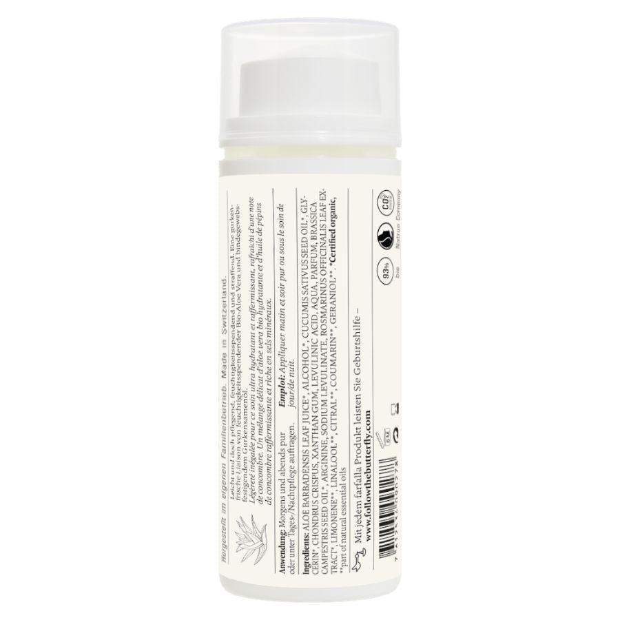 Rückseite des weißen Spenders. Text: Inhaltsstoffe, Anwendungshinweise, Zertifizierungen. Logo: Derma, vegan, getestet.