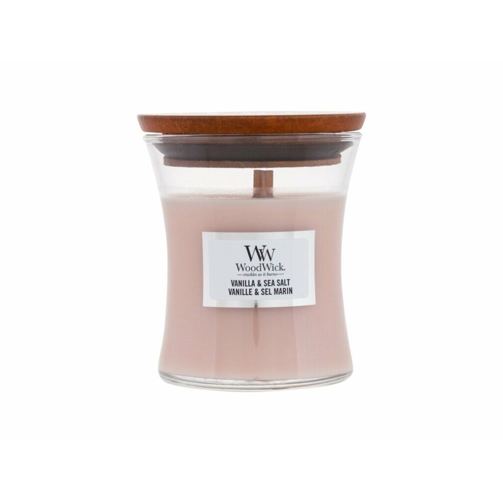 Kerze in Sanduhrform mit Deckel. Aufkleber mit "Vanilla & Sea Salt".
