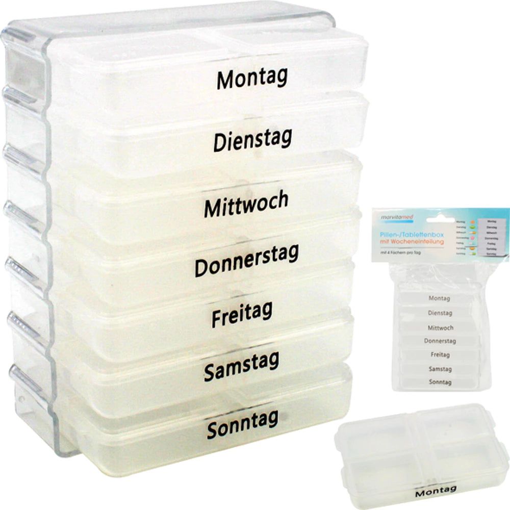 Transparente Pillenbox mit Wochenaufteilung. Beschriftung: Montag bis Sonntag. Einzelne Boxen stapelbar. Marke: Marvita Med.