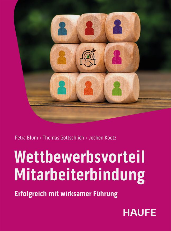 Buchcover: Wettbewerbsvorteil Mitarbeiterbindung. Autoren: Blum, Gottschlich, Kootz. Titel in Weiß auf pinkem Hintergrund. HAUFE-Logo.