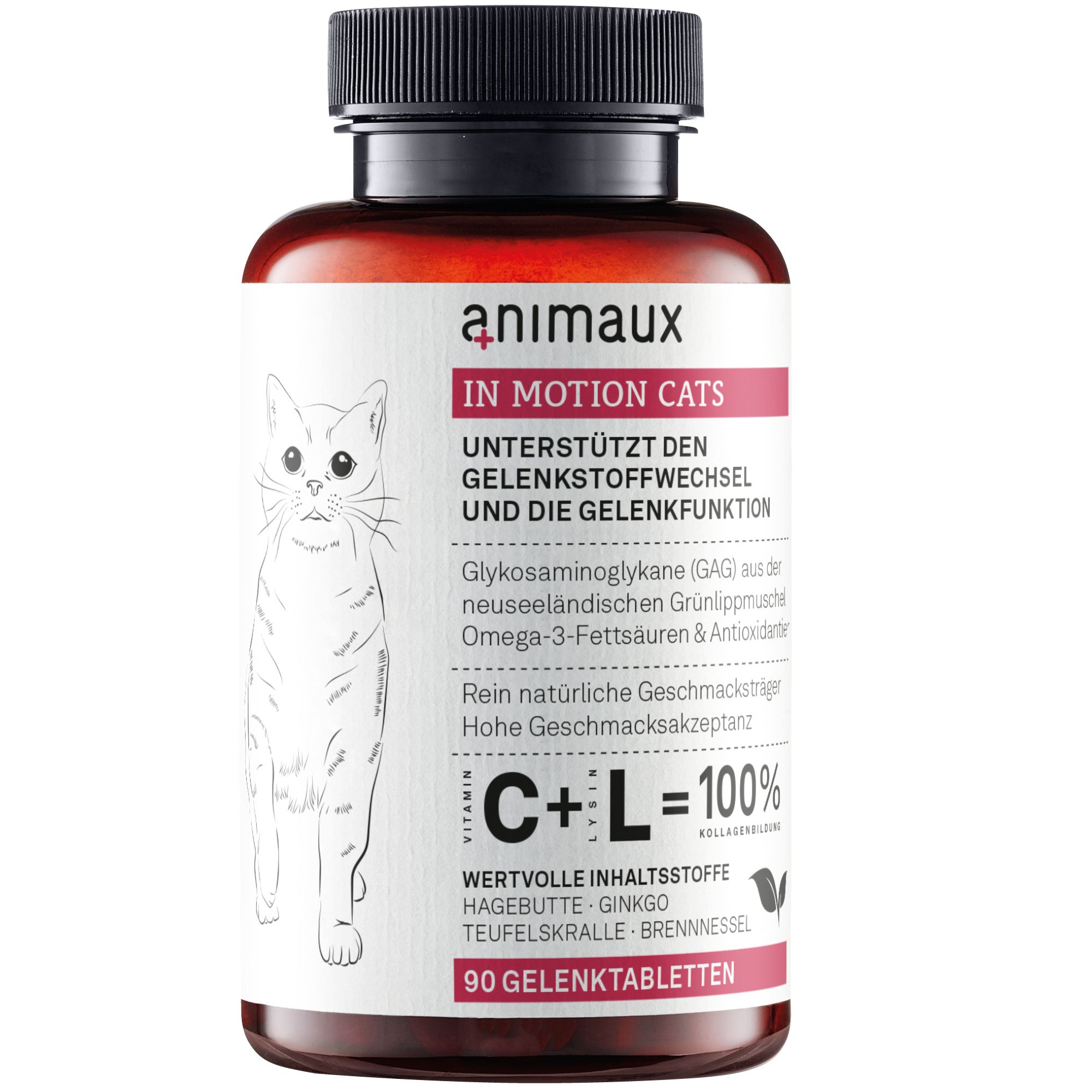 Animaux In Motion Cats: Braunglasflasche mit 90 Gelenktabletten für Katzen. Etikett mit Katze und Produktinformationen.