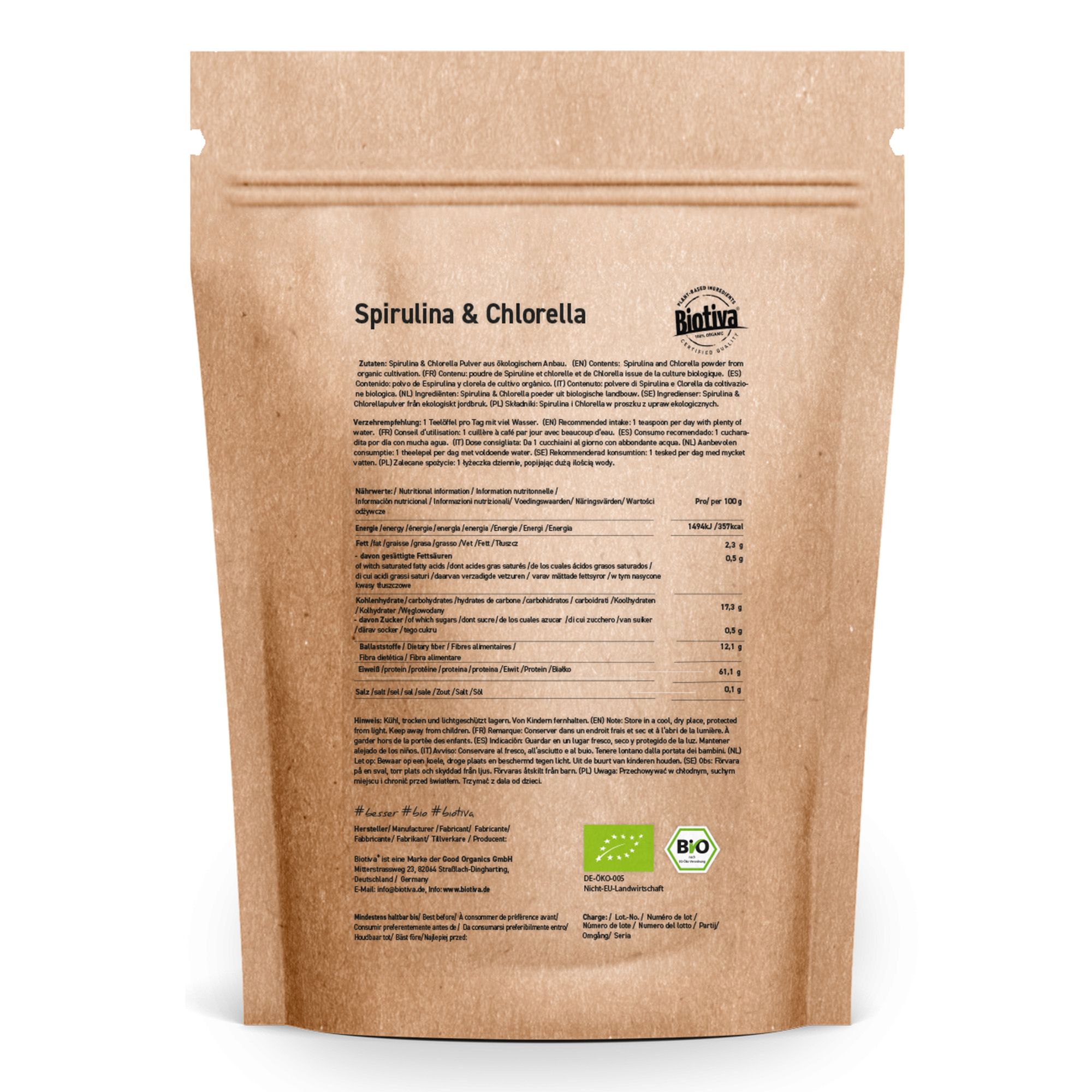 Rückseite der Biotiva Spirulina & Chlorella Pulver Verpackung. Enthält Nährwertangaben und Inhaltsstoffe.