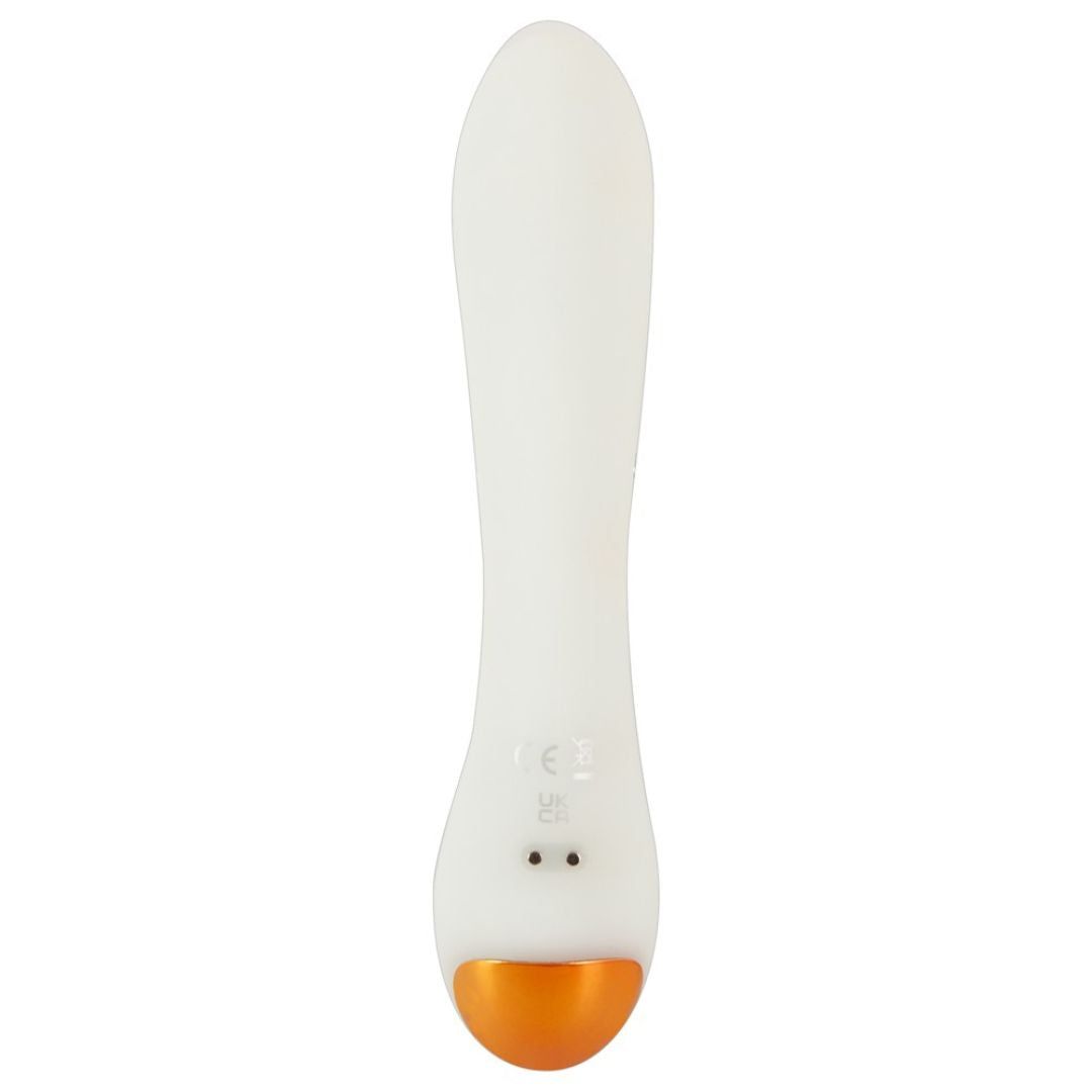 Weißer Vibrator mit orangefarbenem Ende. Frontansicht.
