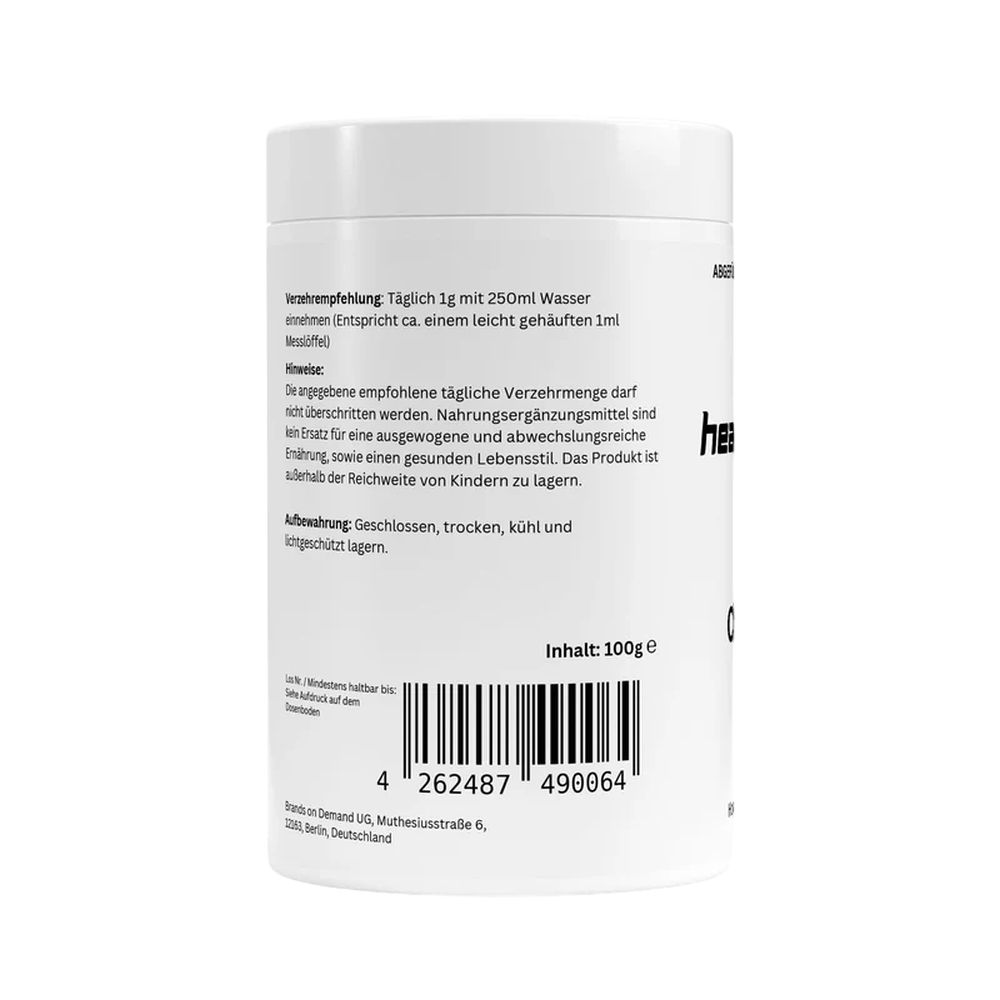 Weißes zylindrisches Behältnis mit schwarzer Schrift. Aufschrift: Inhalt: 100g. Barcode. Empfehlung: Täglich 1g mit 250ml Wasser.