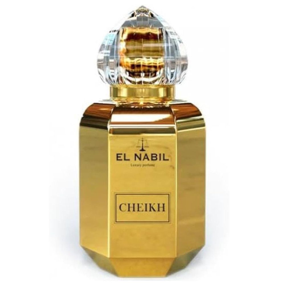 Goldfarbene Parfumflasche mit Kristallverschluss. Aufschrift "EL NABIL" und "Cheikh".