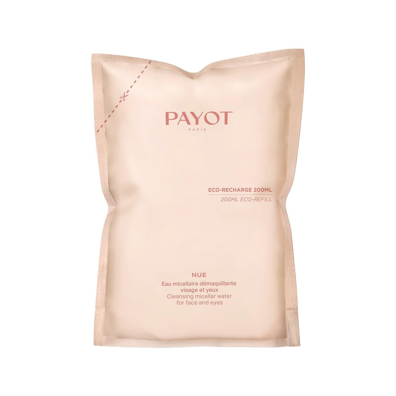 Beige Nachfüllbeutel mit Payot-Logo und Produktbezeichnung. Text: Eco-Recharge 200ml, Nue Eau Micellaire Démaquillante.