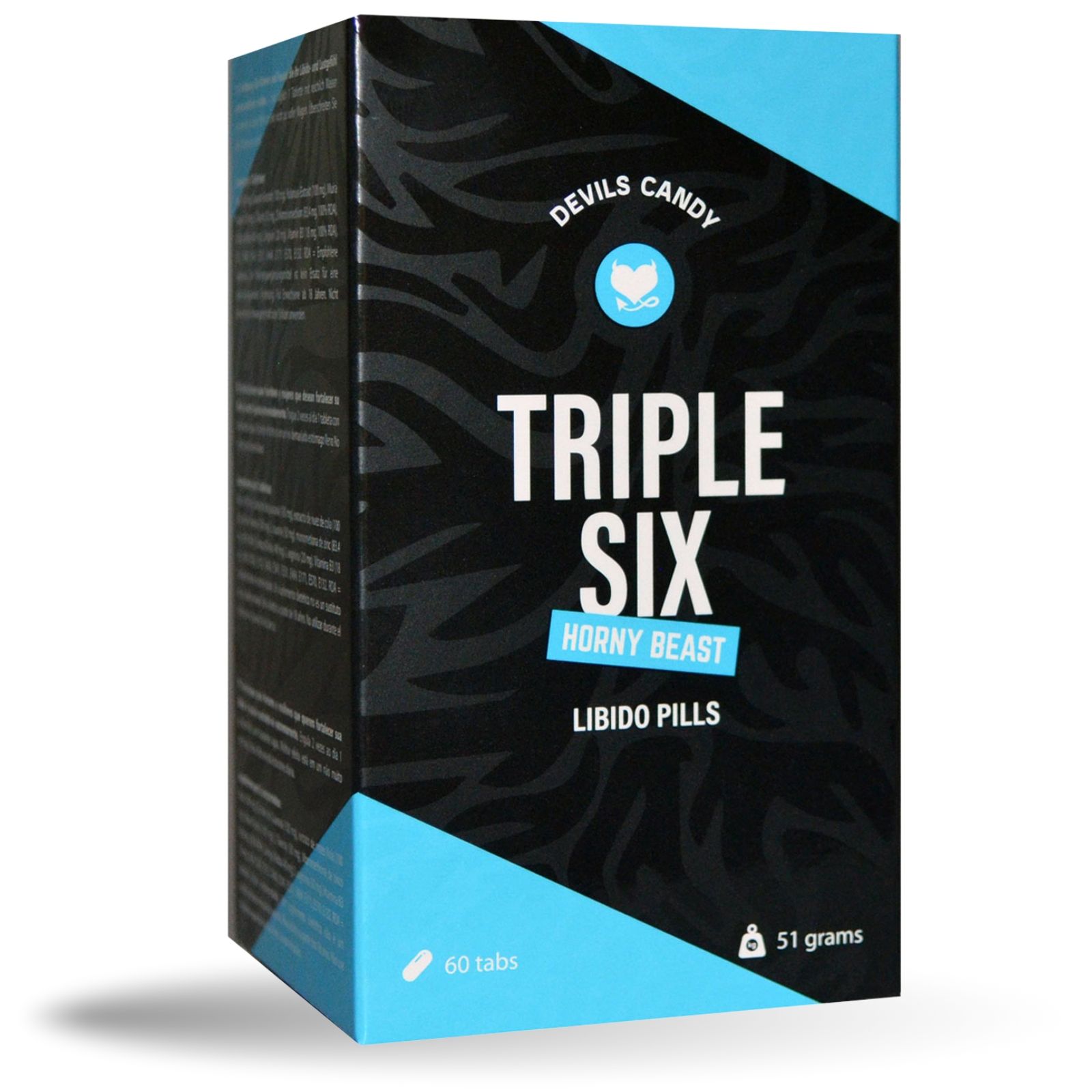 Schachtel mit "Devils Candy" und "Triple Six" Libido Pills. 60 Tabletten, 51 Gramm. Schwarzes und blaues Design.