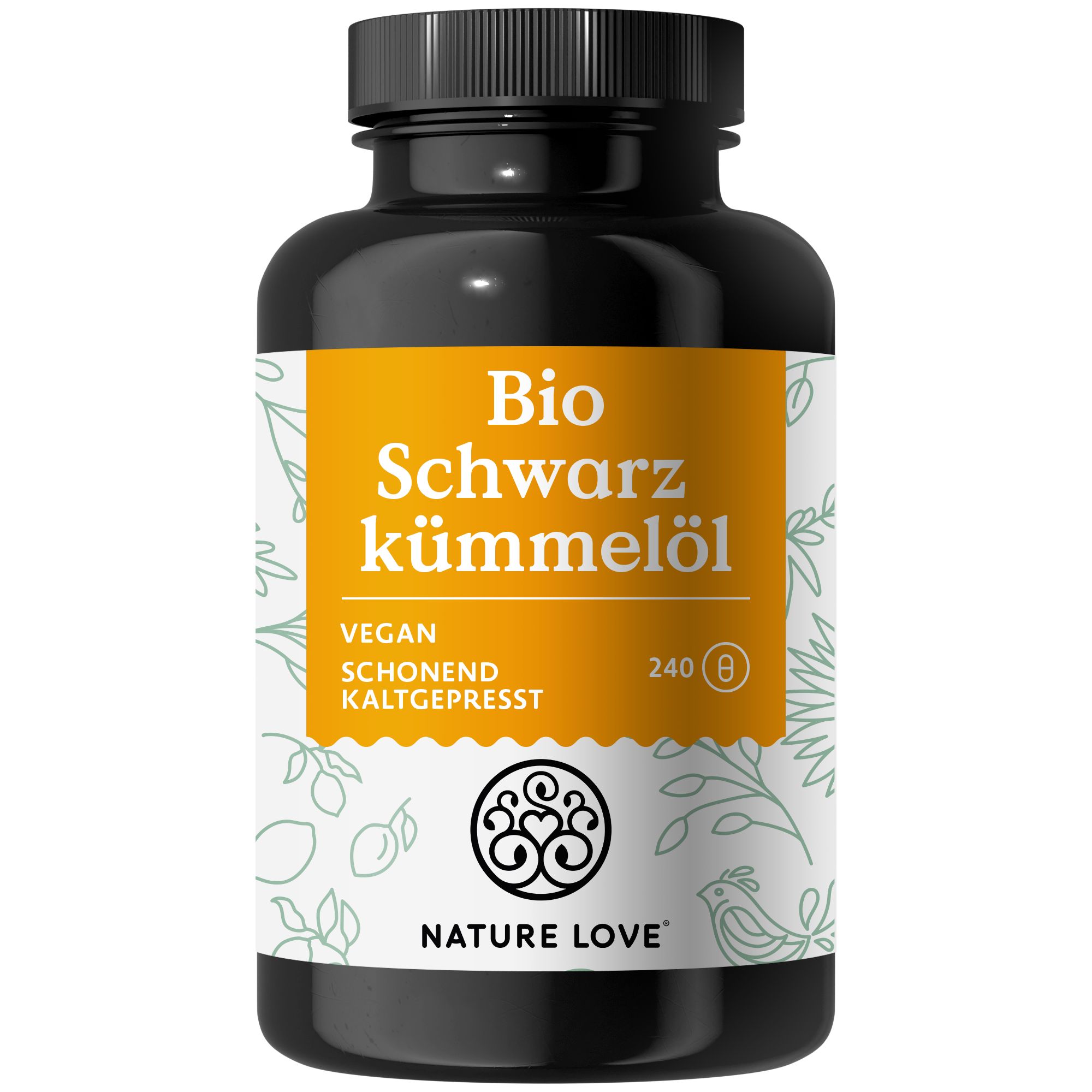 Schwarze Kapsel-Dose mit gelbem Etikett. Aufschrift: Bio Schwarzkümmelöl, vegan, schonend kaltgepresst. Logo: NATURE LOVE®.