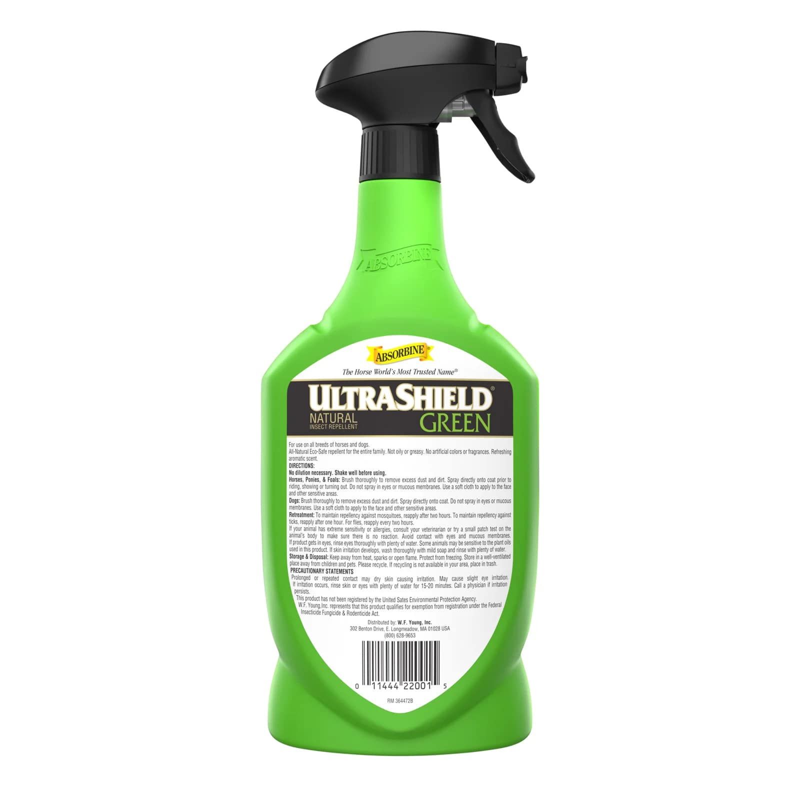 Grüne Sprühflasche mit schwarzem Sprühkopf. Rückseite mit Text und Barcode. Aufschrift: Ultra Shield Natural Green.