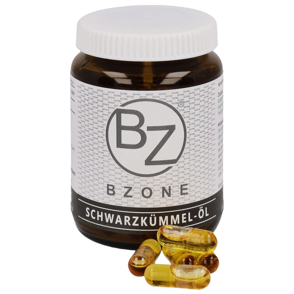 Braune Glasflasche mit weißen Deckel. Etikett mit BZONE-Logo und Schwarzkümmelöl-Schriftzug. Einige Kapseln liegen daneben.