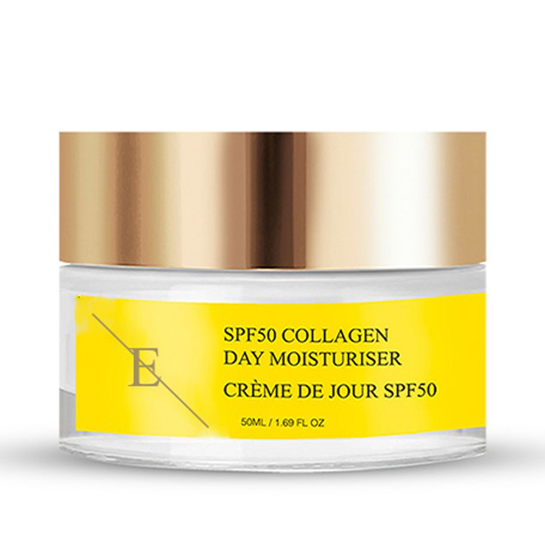 Creme-Glas mit goldenem Deckel. Gelbes Etikett mit Text: SPF50 Collagen Day Moisturiser, Crème de Jour SPF50. 50ml/1.69 fl oz.